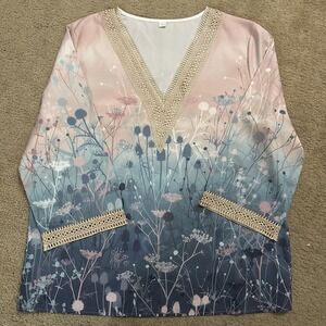 Women's Floral Pink/blue Top Kimono Blouse with Embellished Trim V-Neck Size L